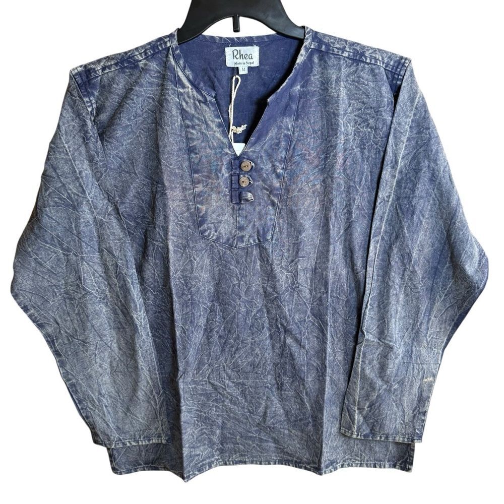 Rhea NWT Nepal Blue/Gray Acid Wash Cotton Pullover Henley Tunic Shirt Size M